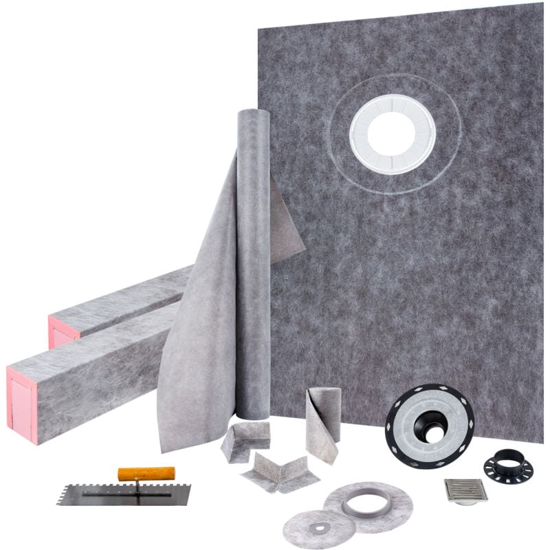 Kit receveur de douche 965x1524 mm seuil de douche etanche avec drain decalee pvc, grille acier inoxydable 10 cm, 2 bordures de douche et truelle