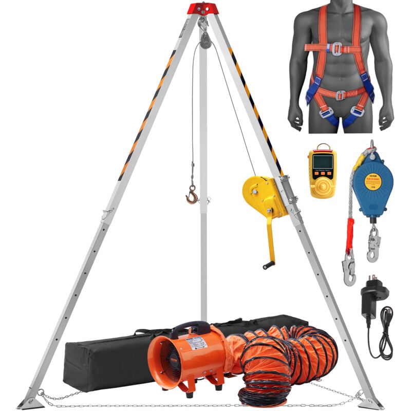Vevor - Kit trepied pour espace confine, 1179 kg, trepied de sauvetage, pieds 1,6 a 2,45 m cable 30 m protection contre les chutes de 32,8', harnais,