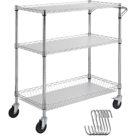 VEVOR Kitchen Utility Cart, 3 Tiers, Wire Rolling Cart with 661LBS Capacity, Steel Service Cart on Wheels, Metal Storage Trolley with 80mm Basket Curved Handle PP Liner 6 Hooks, for Indoor and Outdoor
