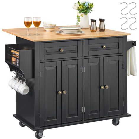 VEVOR Kücheninselwagen, 110 cm mobiler Wagen mit Holzplatte und Lagerschrank, Rolltisch mit Klappplatte, Gewürzregal, Handtuchhalter, verstellbarem Regal, Schublade und Haken, tragbare Inseln Rollbar