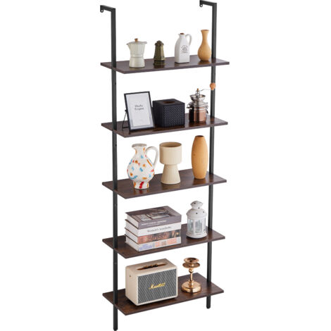 VEVOR Ladder Shelf, 5-Tier Bookshelf 24x11.8in, Open Wall-Mounted Ladder Shelf with Metal Frame,Storage Rack Sundries Holder for Kitchen Bedroom Bathroom Living Room, Black