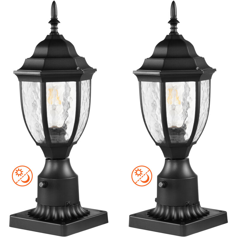 Lampadaire exterieur, lot de 2, luminaires etanches 390 mm, avec base de montage sur pilier 9 cm, abat-jour verre, eclairage anti-foudre crepuscule a