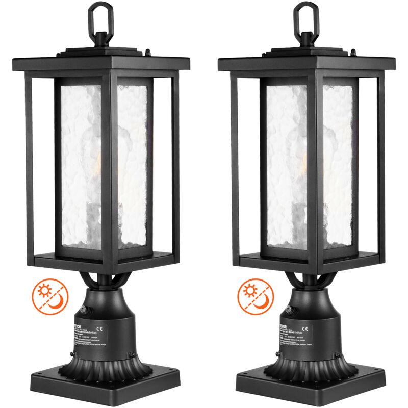 Lampadaire exterieur, lot de 2, luminaires etanches 450 mm, avec base de montage sur pilier 9 cm, abat-jour verre, eclairage anti-foudre crepuscule a