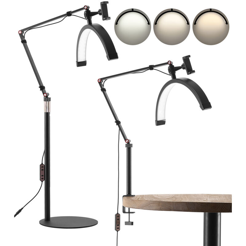 VEVOR Lampe d’Estheticienne Demi-lune, Lampe LED Arc pour Extension de Cils Reglable, de Bureau et sur Pied 2 en 1, avec Support de Telephone,