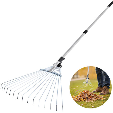 VEVOR Leaf Rake, 15 Metal Tines, Adjustable Garden Rake for Lawns with 7.5-22.4 Inch Wide Head & 32-63 Inch Long Handle, Heavy Duty Stainless Steel Small Leaves Tool for Gardening Camping Yard Grass