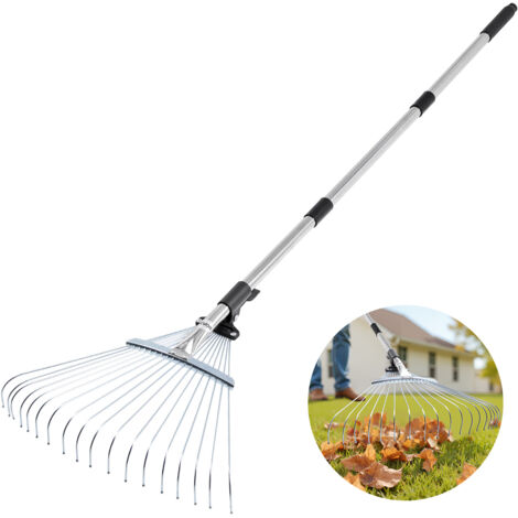 VEVOR Leaf Rake, 18 Metal Tines, Adjustable Garden Rake for Lawns with 7.7-17.1 Inch Head & 32.3-55.6 Inch Long Handle, Heavy Duty Stainless Steel Small Leaves Tool for Gardening Camping Yard Grass