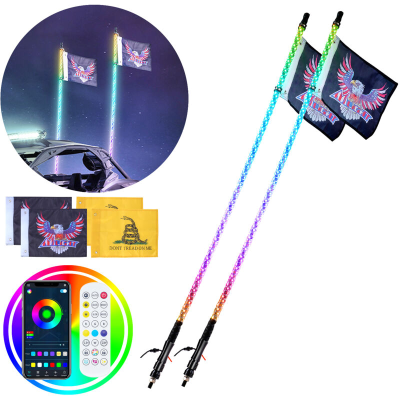 VEVOR Lot de 2 Fouets Lumineux LED de 122 cm avec Telecommande APP et RF, Etanche a 360° en Spirale RVB avec 4 Drapeaux, Eclairage pour UTV, VTT,