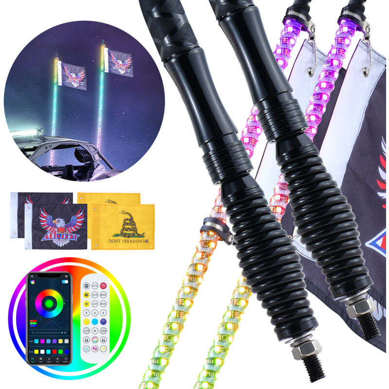 Mophorn - vevor Lot de 2 Fouets Lumineux led de 91 cm avec Base a Ressort, Telecommande app et rf, Etanche a 360° en Spirale rvb avec 2 Drapeaux,