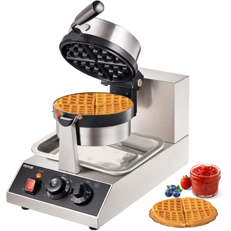 VEVOR Macchina per Waffle Belga Rotondo in Acciaio Inox Antiaderente 1300W Temperatura Controllata 50℃-300℃, Macchina Waffle Piastra Doppia Antiaderente Teglia 190,5 mm con Manico Girevole in Acciaio