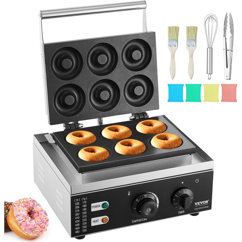 Vevor - Machine a beignets electrique, 1550 w, appareil a donuts commercial avec surface antiadhesive, machine a gaufres chauffante double-face a 6