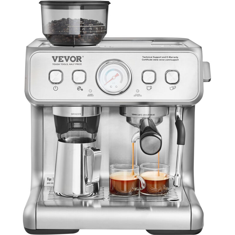 Vevor Machine a Expresso avec Broyeur, Cafetiere Expresso Semi-automatique 15 bars avec Mousseur a Lait, Reservoir deEau Amovible et Manometre pour