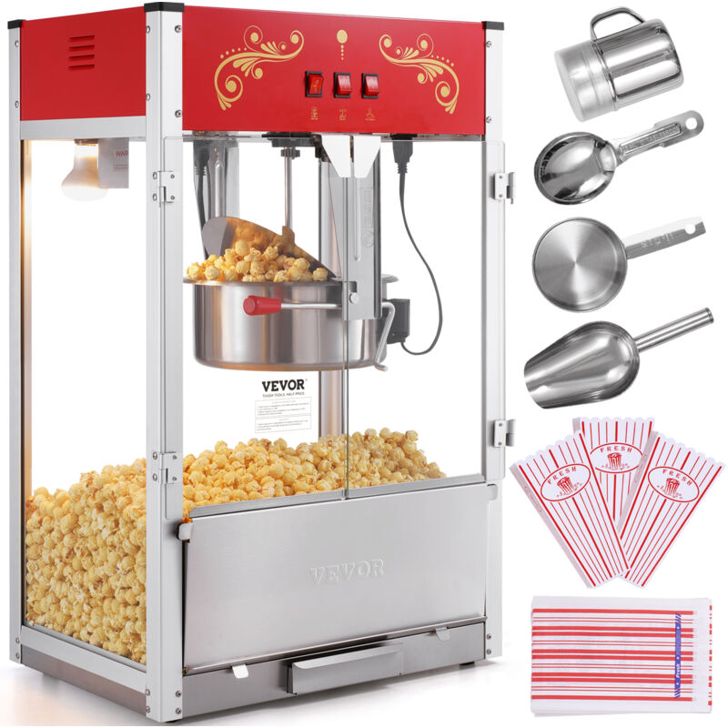 VEVOR Machine a Pop Corn 1615 W, Appareil a Pop-corn de Comptoir Electrique, Grand Bol de 454 g, avec Verre Trempe, 3 Cuilleres en Acier Inoxydable,