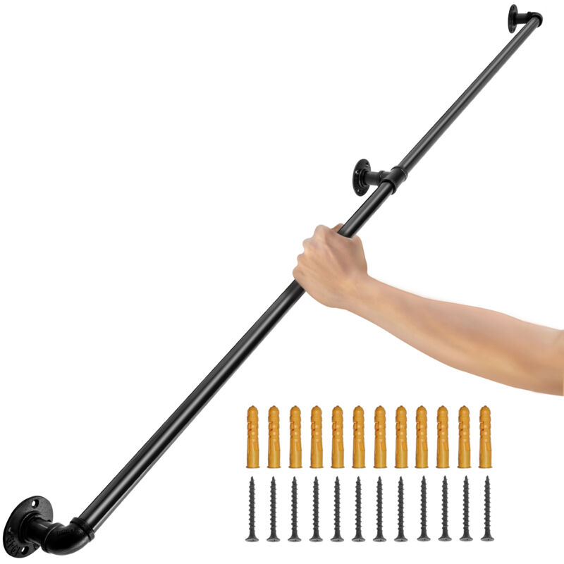 VEVOR Pipe Stair Handrail, 121.9 cm Staircase Handrail, 199.6 kg Load Capacity Carbon Steel Pipe Handrail, Industrial Pipe Handrail with Wall Mount Support, Round Corner Wall Handrailings for Indoor, Outdoor