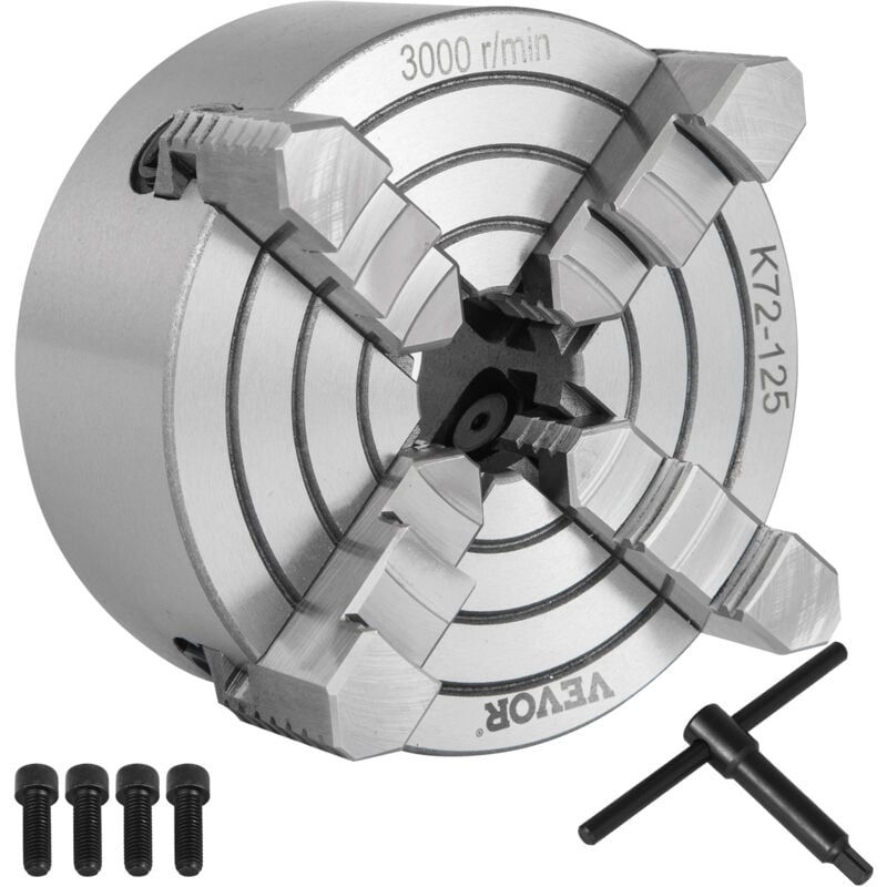 Vevor - Mandrin de Tour a Machoire K72-125, Mandrin de Tour Accessoires pour perceuses, Avec 1 x cle en t, Mandrin de Tour a 4 machoires pour le
