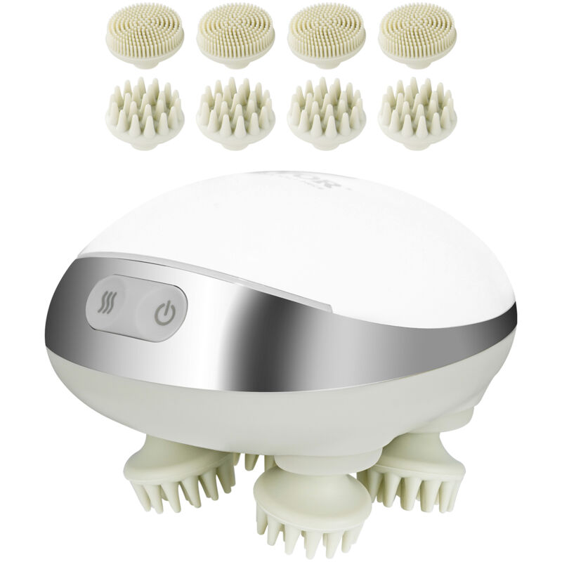 Masseur de cuir chevelu electrique avec chaleur, masseur de tete chauffant rechargeable, etanche IPX7 Grattoir de cuir chevelu portable avec 8 tetes