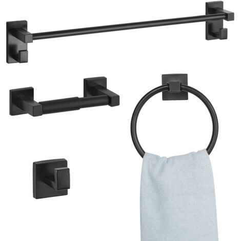 VEVOR Matte Black Bathroom Hardware Set, 4 Pieces Stainless Steel Bathroom Accessories Set, 24-inch Towel Bar, Towel Ring, Robe Towel Hook, Toilet Paper Holder, for Bath Room, Wall Mounted