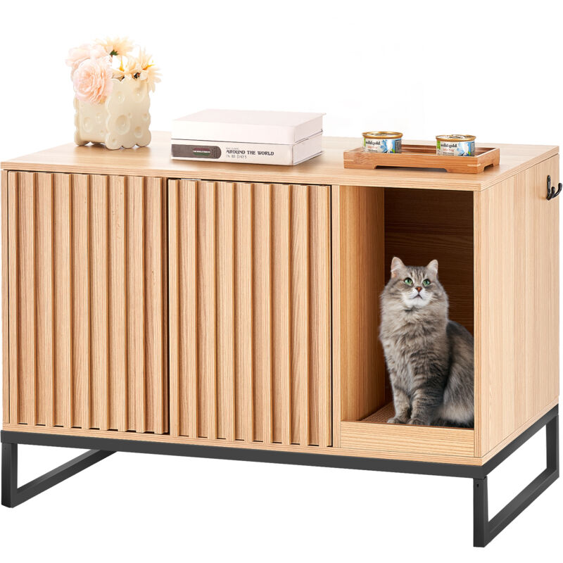 Vevor - Meuble Cache Bac a Litiere pour Chat, 80x50,8x56 cm, Maison de Toilette pour Chat avec 2 Portes, Pieds Metal, Armoire Bois pour Cacher la