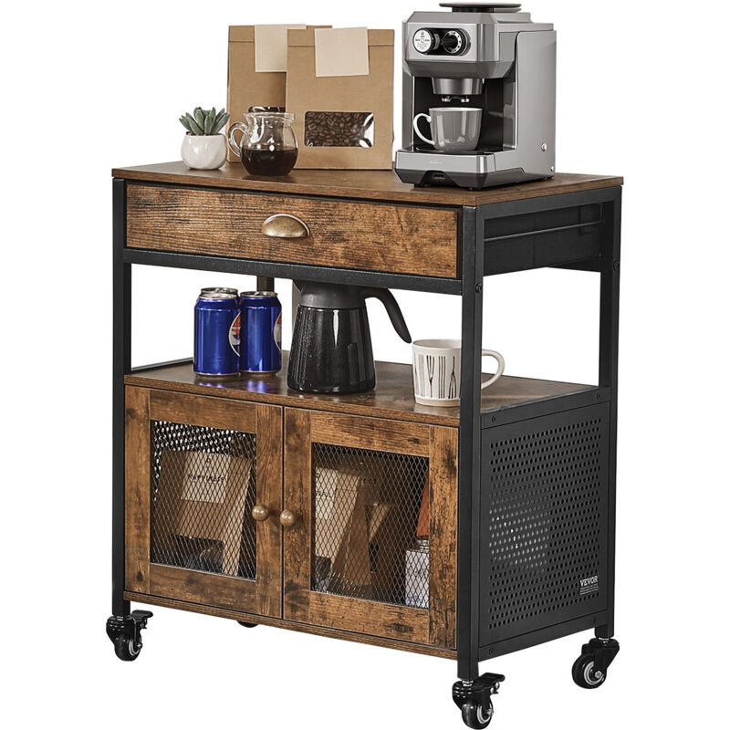 VEVOR Meuble de bar a cafe 61 x 36 x 70,5 cm, armoire de bar a cafe avec rangement a 4 niveaux, table basse mobile avec roulettes et porte en maille,