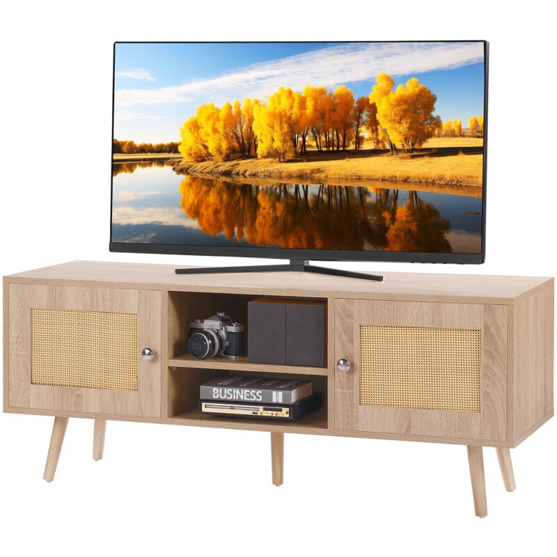 VEVOR Meuble TV en rotin, meuble TV boheme pour televiseur de 55 pouces, meuble TV moderne du milieu du siecle, console TV en rotin avec etageres