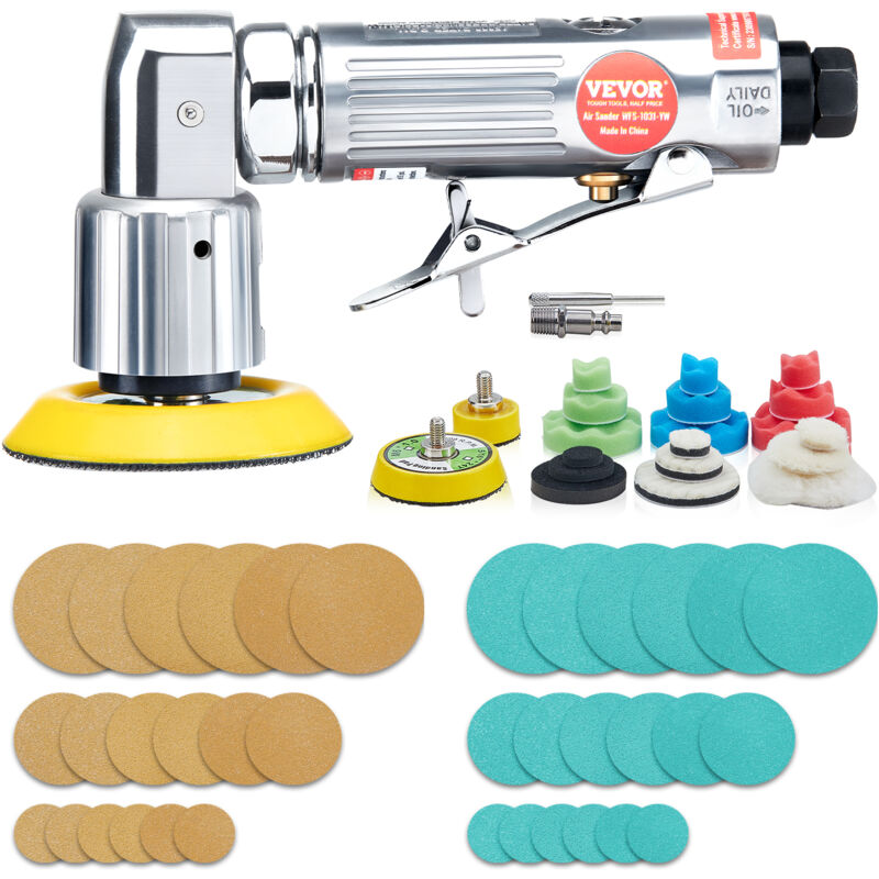 Vevor Mini Ponceuse Pneumatique 1/2/3 po 25/50/76 mm Ponceuse Orbitale Aleatoire Vitesse 15000 tr/min Kit Ponceuse Voiture Carrosserie 58 pcs avec