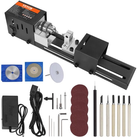 VEVOR Mini Tour a Bois 70x160 mm Tour a Bois Electrique 24 V 96 W Accessoires de Fraiseuse 7 Vitesses 4220/5300/5650/6350/6660/7050/8450 tr/min Outil Rotatif Travail pour Bois Bricolage 350x60x80 mm