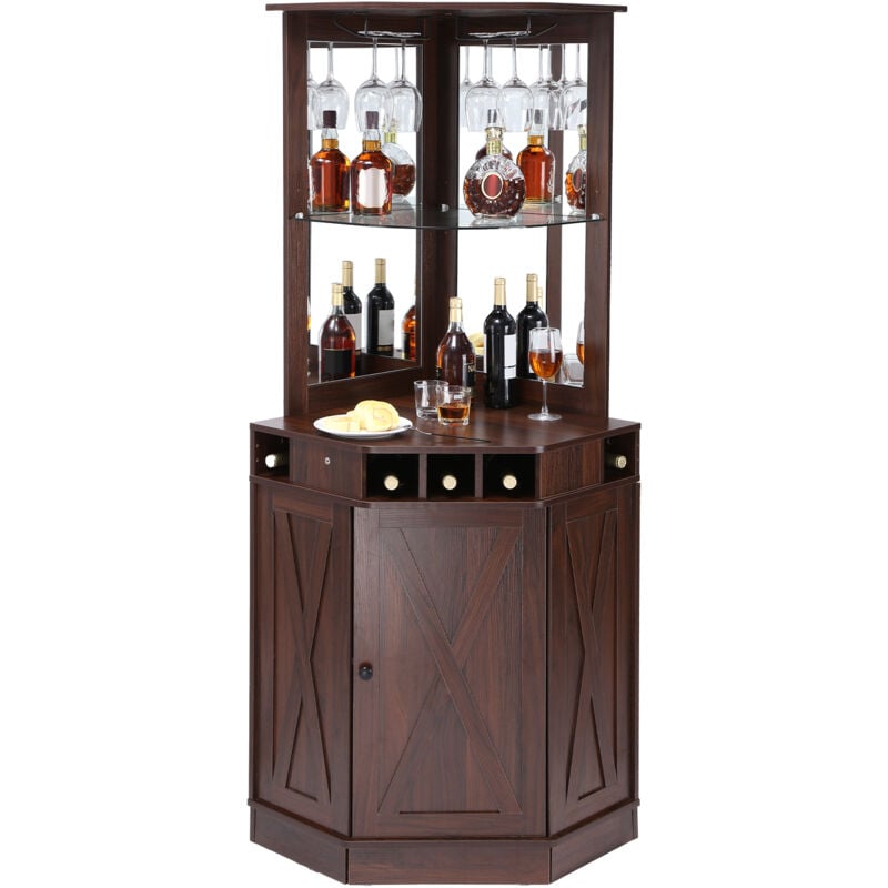 Image of Mobile Bar Industriale ad Angolo, Tavolo da Vino per Liquori e Bicchieri, Credenza Buffet con Porta Bicchieri, Mobile Bar Indipendente in Legno per