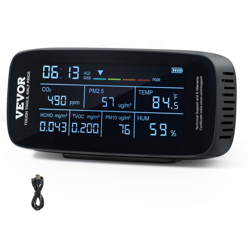 VEVOR Moniteur de qualite deair 9 en 1, detecteur de CO2, temperature, humidite, formaldehyde TVOC AQI, compteur de particules PM2,5 PM10 PM1,0