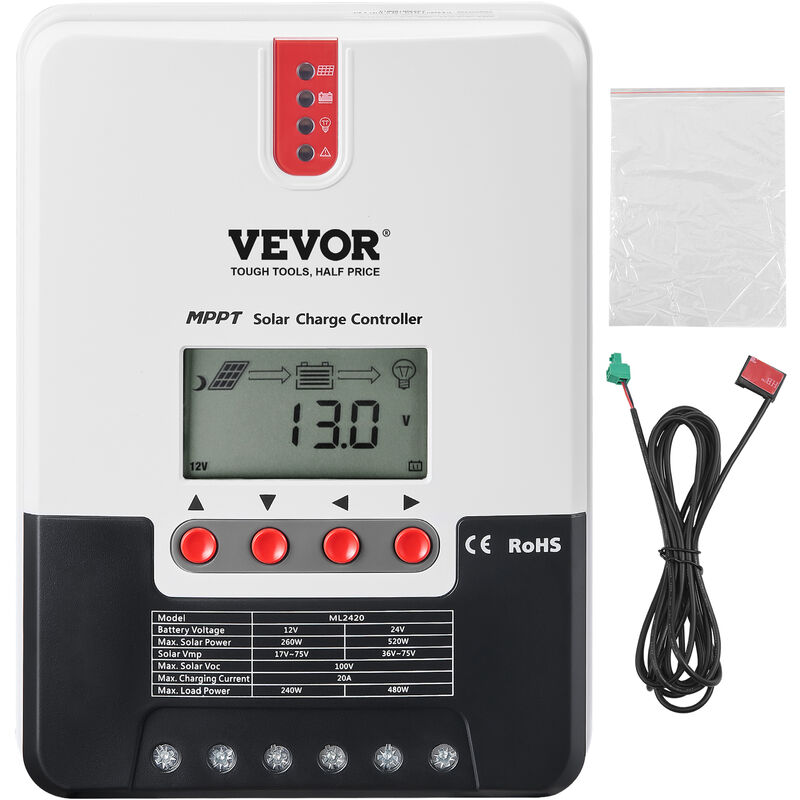 Mppt Controleur de Charge Solaire 12 V/24 v Auto cc Regulateur de Charge de Panneau Solaire 20 a avec Ecran lcd Cable Capteur Temperature pour