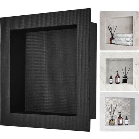 MOPHORN VEVOR Niche Encastrable Salle de Bain 40,64x40,64x10 cm Niche Douche Murale Etagere Simple en Plastique XPS Coins Carres Protection Scellee Moderne pour Stockage de Savon Douche Salle de Bains, Noir