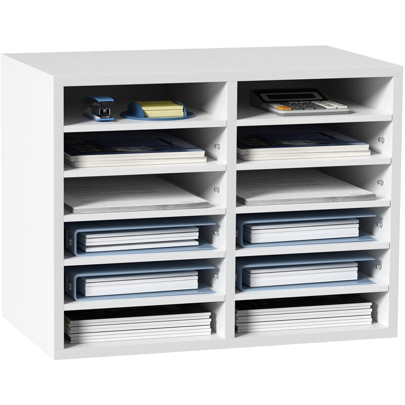 Vevor Organisateur de Bureau en Bois 52x30,5x41 cm Blanc Trieur de Documents a 12 Compartiments Corbeille a Courrier Panneau Agglomere Etagere