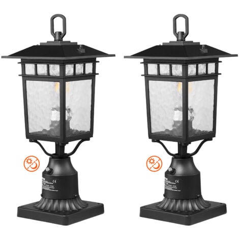 VEVOR Pack de 2 farolas exteriores de anochecer al amanecer, 400 mm, resistentes al agua, con base de montaje en pilar de 3,5 pulgadas, pantalla de vidrio, farola exterior a prueba de rayos para patio