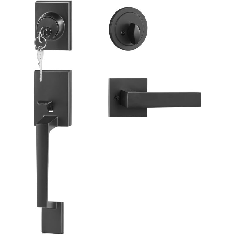 Vevor Paire de Poignees de Porte d'Entree avec Pene Dormant, Poignees Carrees en Alliage de Zinc Noir Cylindre Unique avec Bequille Reversible
