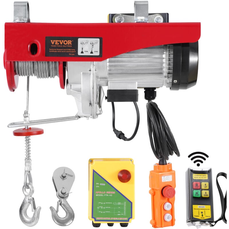 VEVOR Palan Electrique, Charge Double Cable 1000 kg, Telecommande Filaire 4,2 m et Sans Fil 100 m, Hauteur Levage Cable Simple 12 m, Elingue Simple