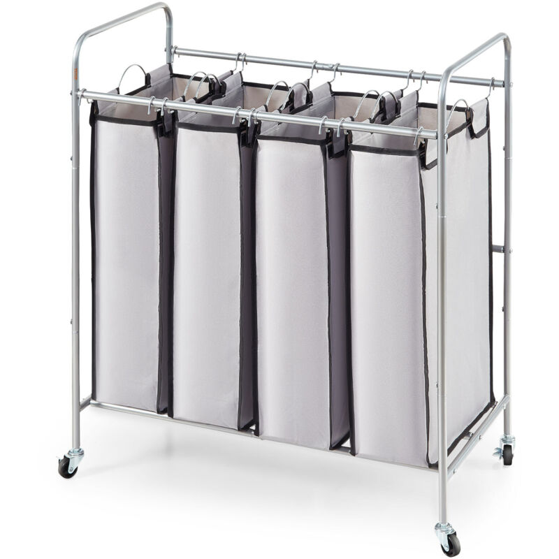VEVOR Panier a Linge Mobile 76,5x41x86,5 cm Chariot Linge Sale avec 4 Sacs de Tri Amovibles de 34x58x70 cm Cadre en Metal Corbeille avec Roulettes