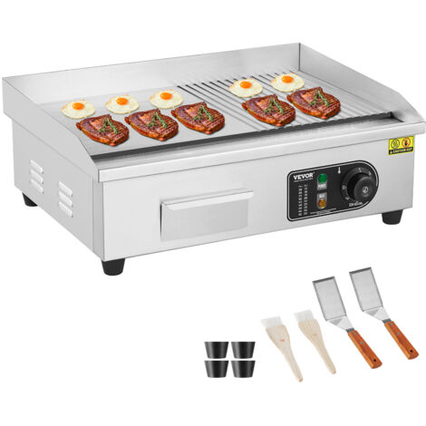 VEVOR Piastra Elettrica Commerciale 3200 W, Controllo della Temperatura Regolabile da 50 a 300 °C, Corpo in Acciaio Inossidabile, con 2 Spatole, 2 Spazzole e 4 Cuscinetti per i Piedi, per Bistecche