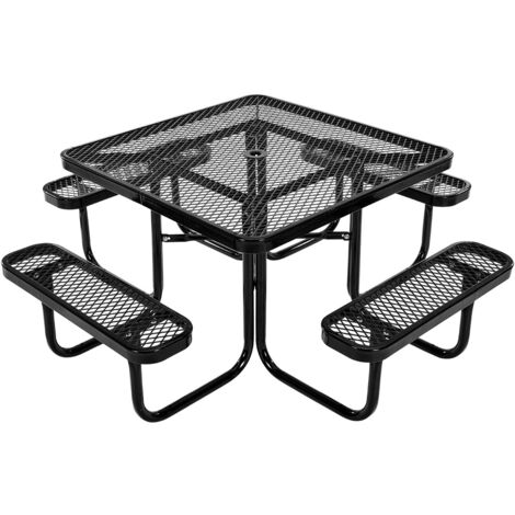VEVOR Picnic Table, Outdoor Weather Resistant Patio Dining Furniture Set, Heavy Duty Coated Steel Tables with Umbrella Hole, 45.7 in Square Table and Bench Set, for Garden, Backyard, Porch, Black