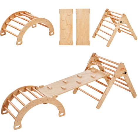 VEVOR Pikler Triangle Set, 5 in 1 Toddler Climbing Toys Indoor Playground, Montessori Climbing Set with Triangle, Ramp, and Arch, Large Size Wooden Climbing Gym for Toddlers 1-3 Years, Wood Color