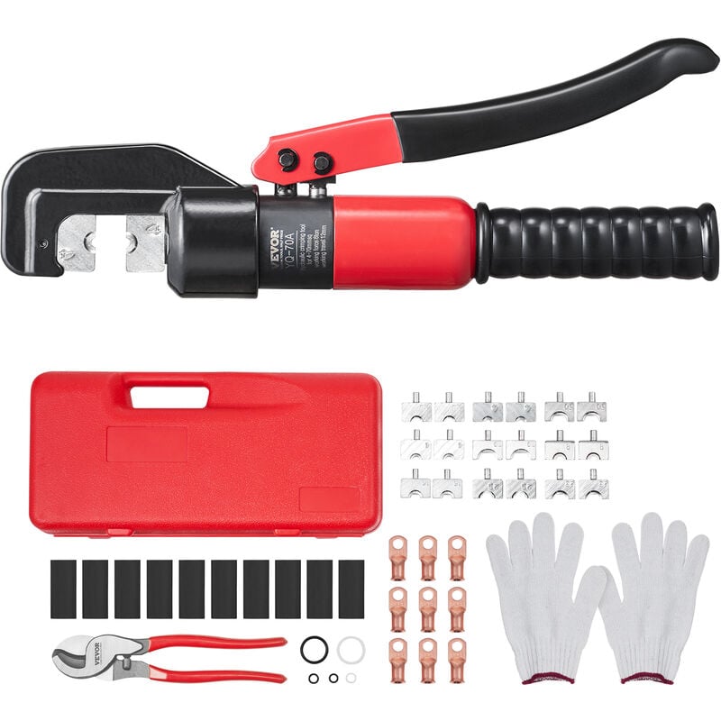 VEVOR Pince a Sertir 4-70 mm² Outil de Sertissage Hydraulique Cosses de Cables Batterie Aluminium et Cuivre AWG12-2/0 avec Coupe-cable Paire de Gants