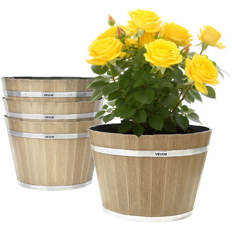 VEVOR Plant Pots, 4 Pack 11.81 inch Whiskey Barrel Planters with Drainage Holes, Large Outside Plastic Decoration Flower Pot Imitation Wine Barrel Design for Indoor Outdoor Garden Home Plants, Brown