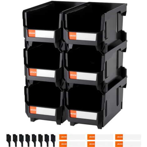 VEVOR Plastic Stackable Storage Bins, 14.8 x 8.5 x 7.1 inch (6 Pack), Plastic Containers for Organizing and Storage Bins for Closet, Garage, Small Parts, Office Supplies and Other Accessories, Black
