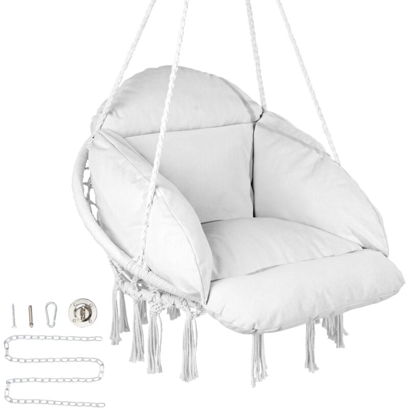 Vevor - Poltrona sospesa, 120kg, Poltrona sospesa girevole in macrame, Cuscino, Materiali montaggio, Corda di cotone, Poltrona relax con frange, per