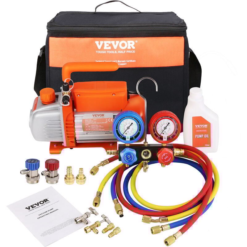 VEVOR Pompe a Vide Climatisation 100 L/min Pompe a Vide Frigoriste HVAC 150 W Kit Jauges et Tuyau Caoutchouc Tricolore 1440 tr/min Sac de Transport