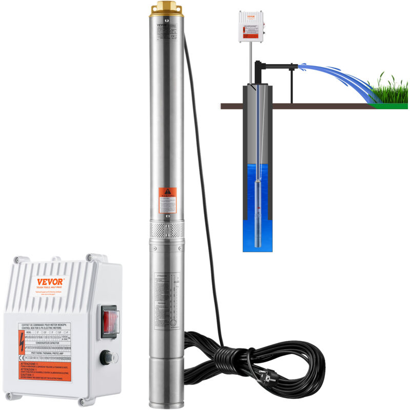 Pompe Immergee pour Puits Profond, 1500 w, Pompe a Eau en Acier Inox, Debit 9,8 m³/h, 108 m, avec Cordon Electrique 19,4 m, Boitier de Commande