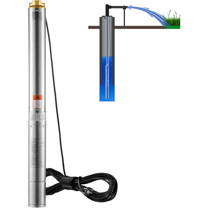 Pompe Immergee pour Puits Profond, 1500 w, Pompe a Eau en Acier Inoxydable, Debit 9,8 m³/h, 108 m, avec Cordon Electrique 9,1 m, Pompe Etanche IP68