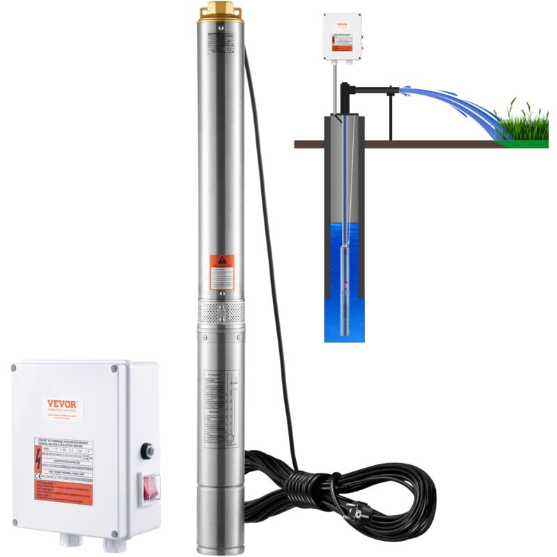 Pompe Immergee pour Puits Profond, 2200 w, Pompe a Eau en Acier Inox, Debit 9,8 m³/h, 144 m, avec Cordon Electrique 19,4 m, Boitier de Commande