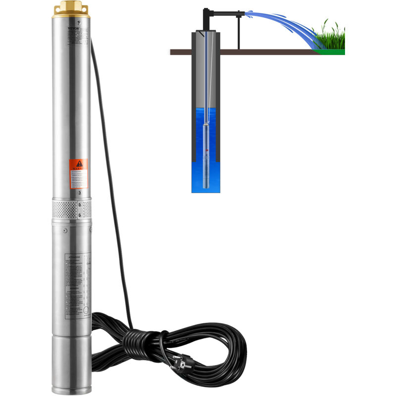Pompe Immergee pour Puits Profond, 750 w, Pompe a Eau en Acier Inoxydable, Debit 7,1 m³/h, 75 m, avec Cordon Electrique 9,1 m, Pompe Etanche IP68