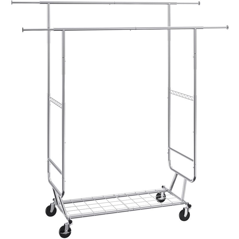 Vevor Portant a Vetements Mobile Porte-Manteau avec Roulettes 1 Etagere 2 Tringles Extensible 128-191 cm Hauteur 144-187 cm Penderie a Vetements en