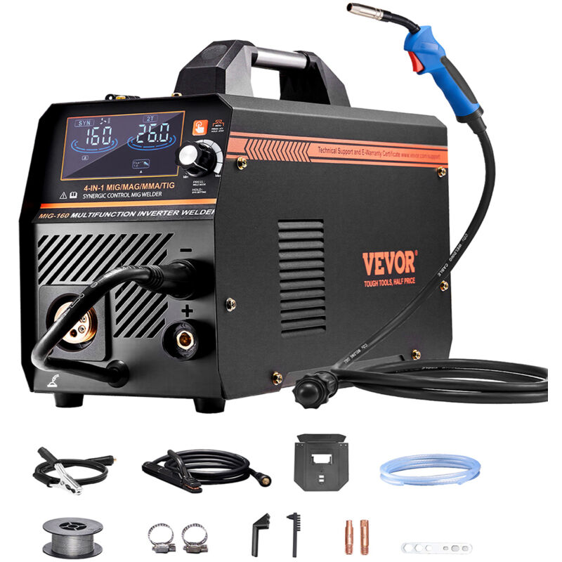VEVOR MIG-lasapparaat, 160A-lasapparaat, synergisch MIG-lasapparaat, 4-in-1 gas-/MIG-/MMA-/lift-TIG-multiproceslasapparaat met IGBT-invertertechnologie en LCD-scherm