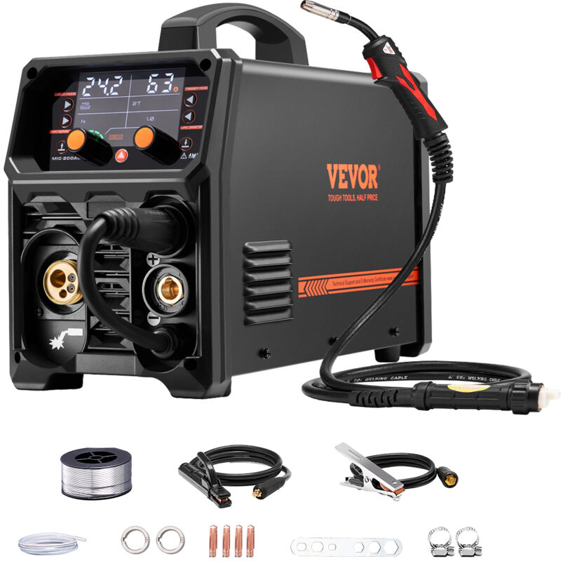 VEVOR Pro MIG-lasser, 200 Amp Pluse MIG-lasser, 5-in-1 Synergy-lasser MIG Pluse, gasloos MIG, gas MIG, MMA en Lift TIG, met IGBT-invertertechnologie en LCD-scherm
