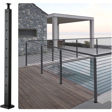 VEVOR Poteau de garde-corps deangle a cable, 91,4x2,5x5 cm, poteau de rambarde 10 trous pre-perces en forme L, poteau de rail terrasse acier inoxydable SUS304 avec support horizontal et incurve, noir
